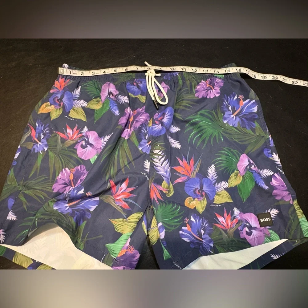 Boss Navy Floral Swim Trunks with Purple & Pink Accents size XL NWT